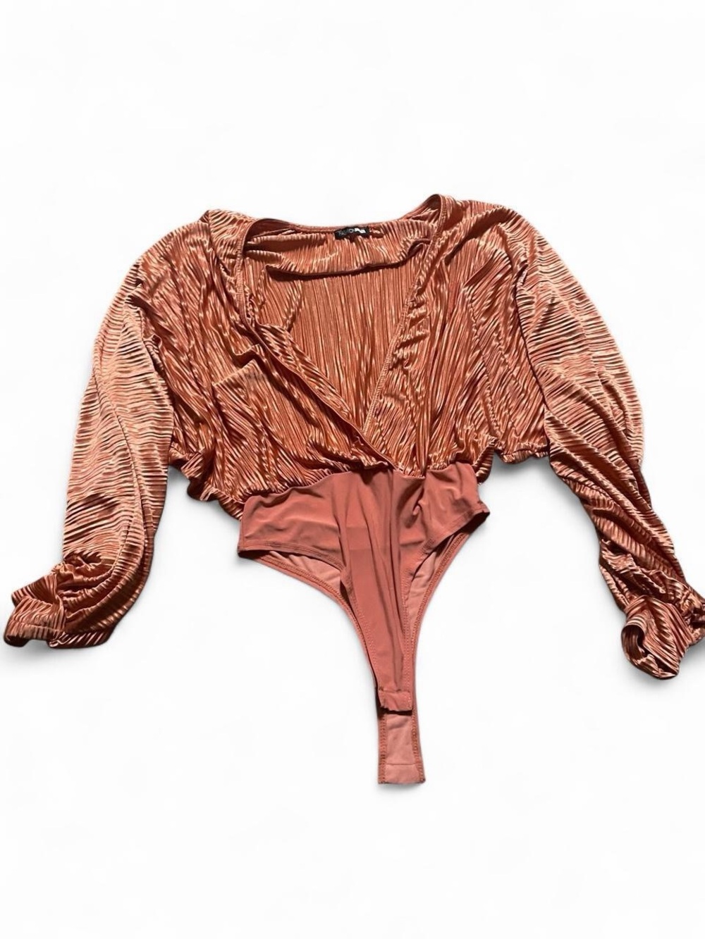 Fashion Nova Rust Plunge Ribbed Velvet Long-Sleeve Bodysuit
